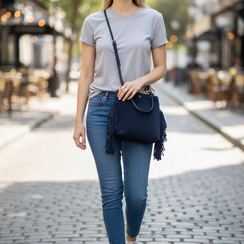 Tory Burch Suede Fringe Ring Tote – Navy | EUC Festival Ready - Picture 17 of 17